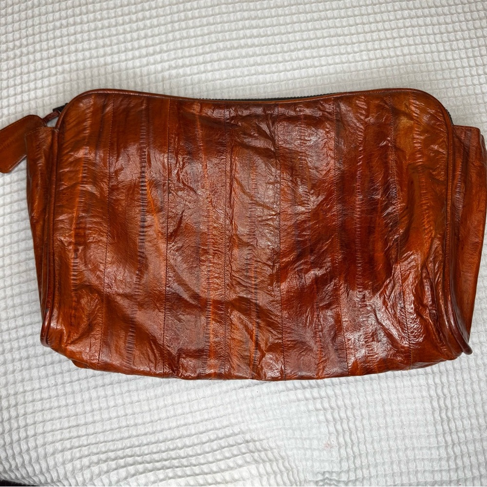 Vintage Eel Skin Cognac Brown Clutch 11x8 Zip Purse